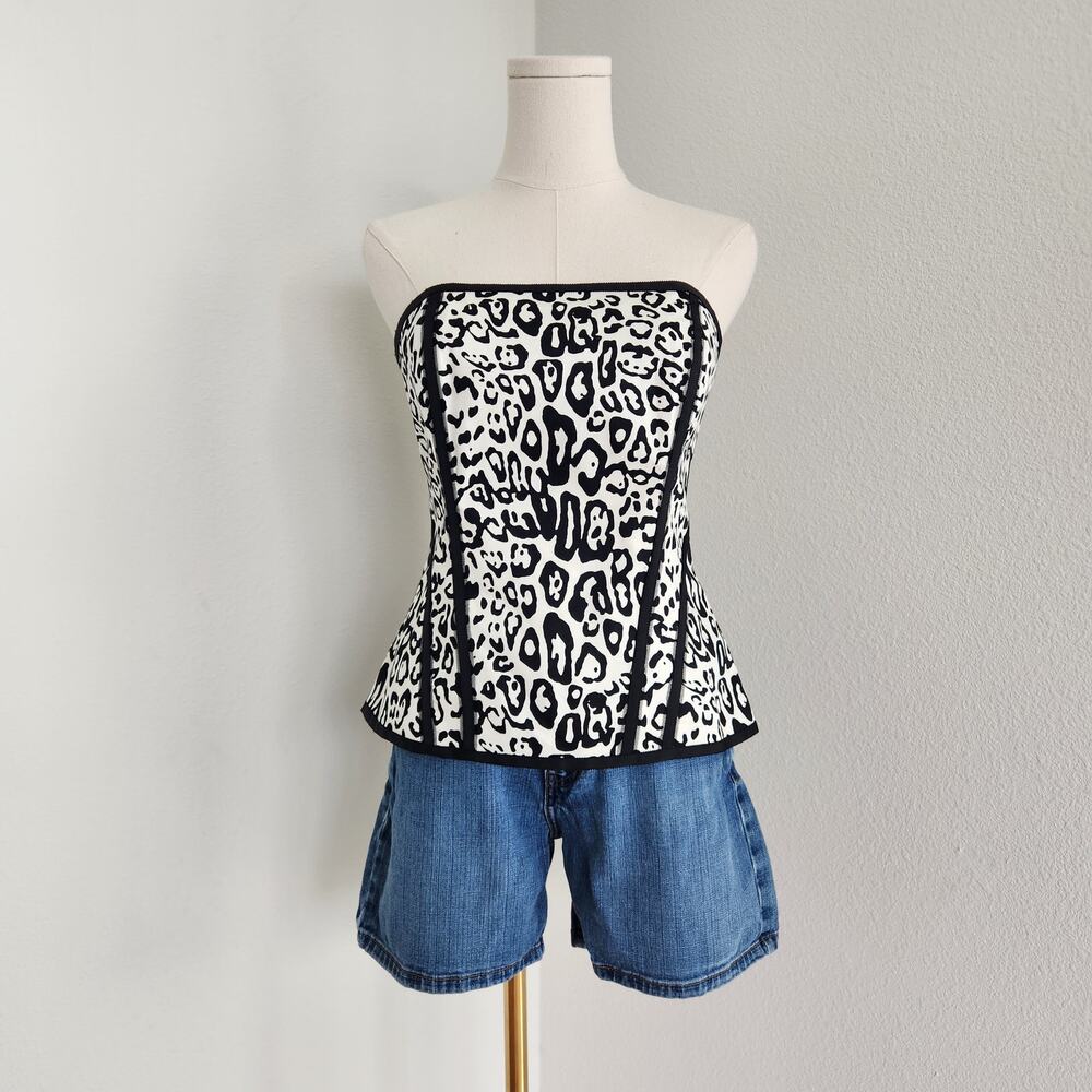 Y2K White House Black Market Black White Leopard Strapless Corset Top 4 Bustier